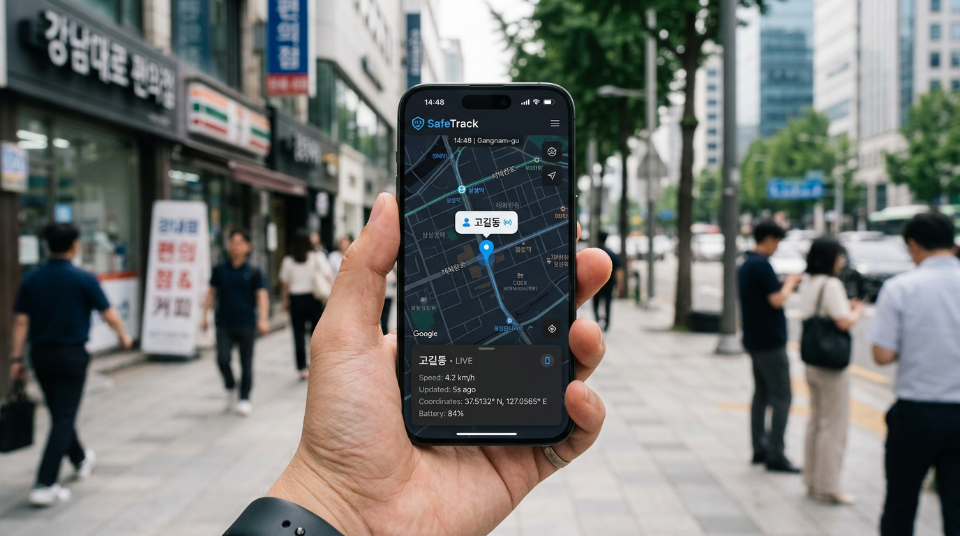 손에 들린 스마트폰에서 SafeTrack GPS 추적 확인