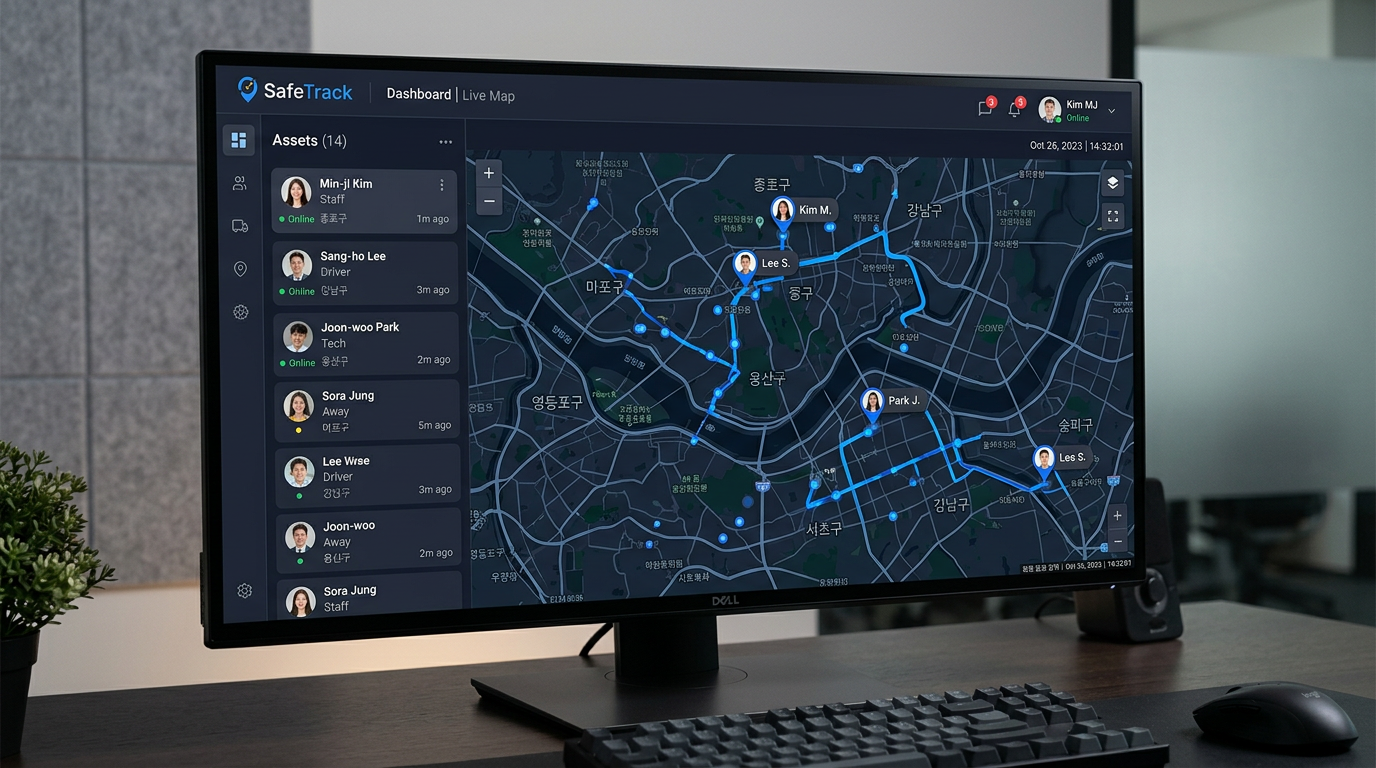 SafeTrack 웹 대시보드 - 서울 지역 실시간 GPS 추적 화면